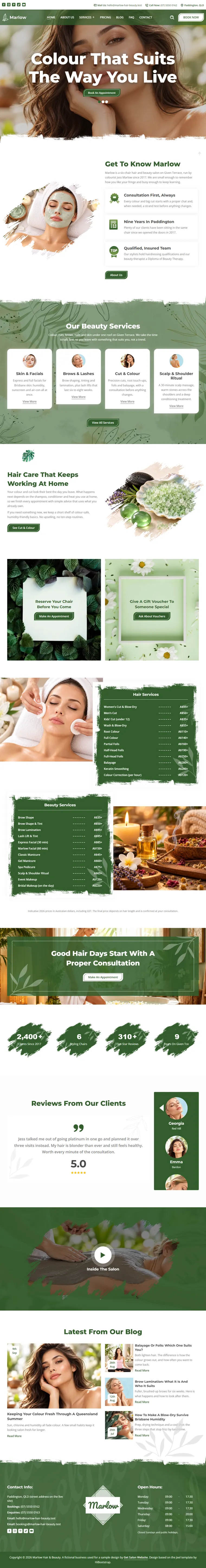 Full home page of the Marlow Hair & Beauty salons & spas website design