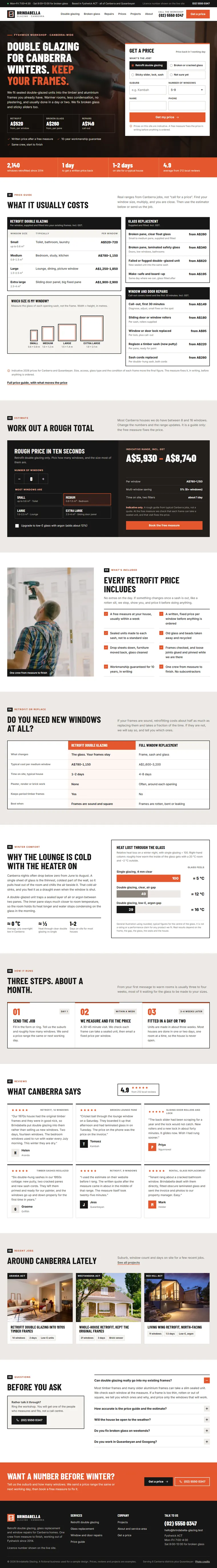 Full home page of the Brindabella Glazing windows & doors website design