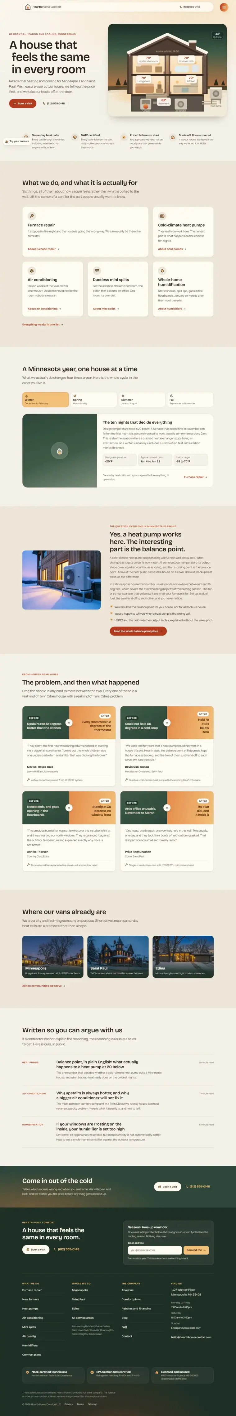Full home page of the Hearth hvac website design