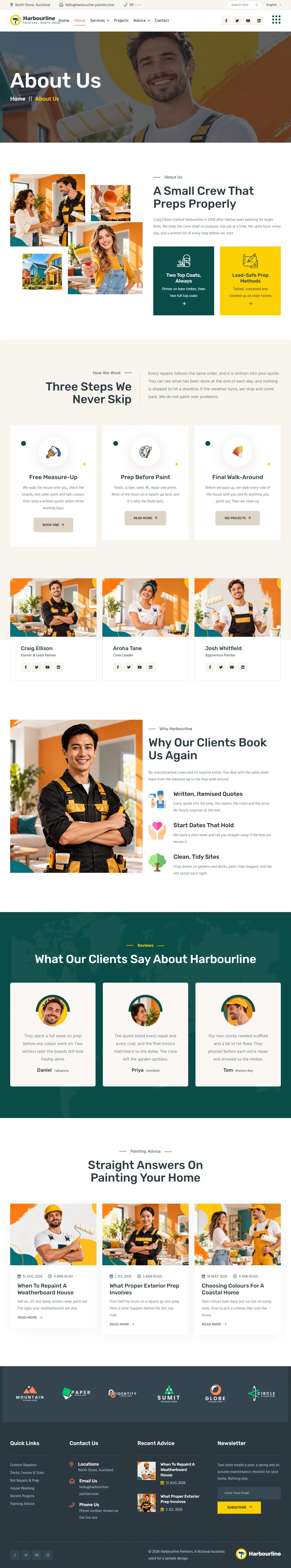 The about page of the Harbourline Painters painting website design