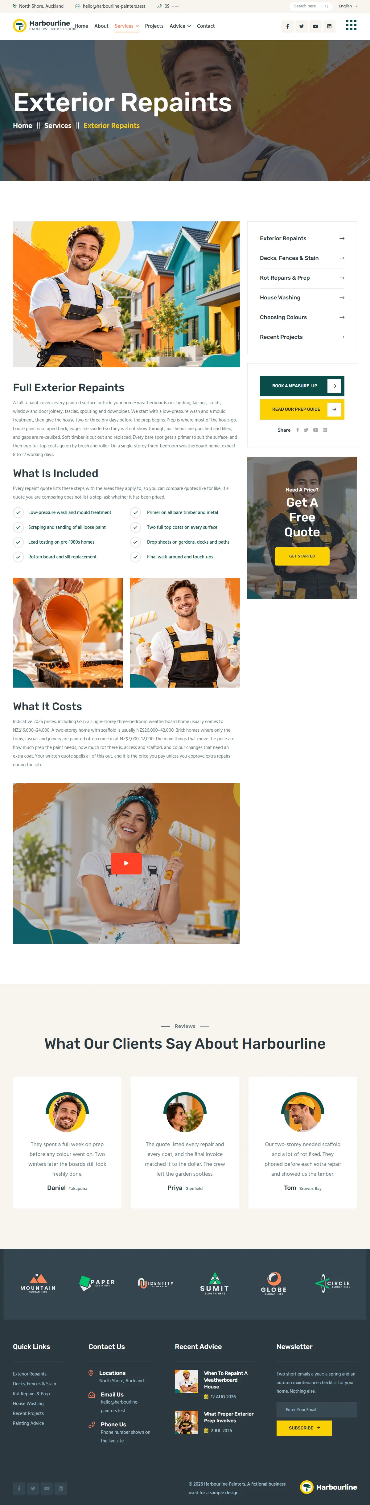 The exterior repaints page of the Harbourline Painters painting website design