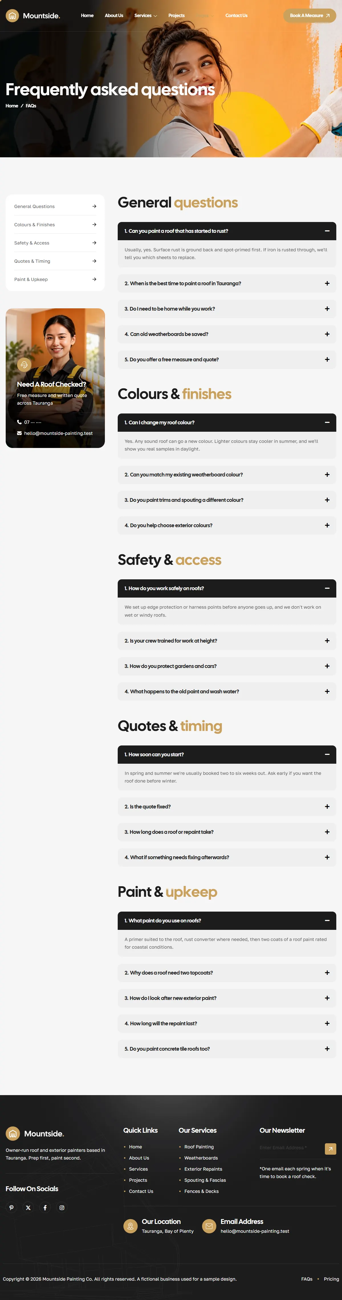 The faqs page of the Mountside Painting Co. painting website design