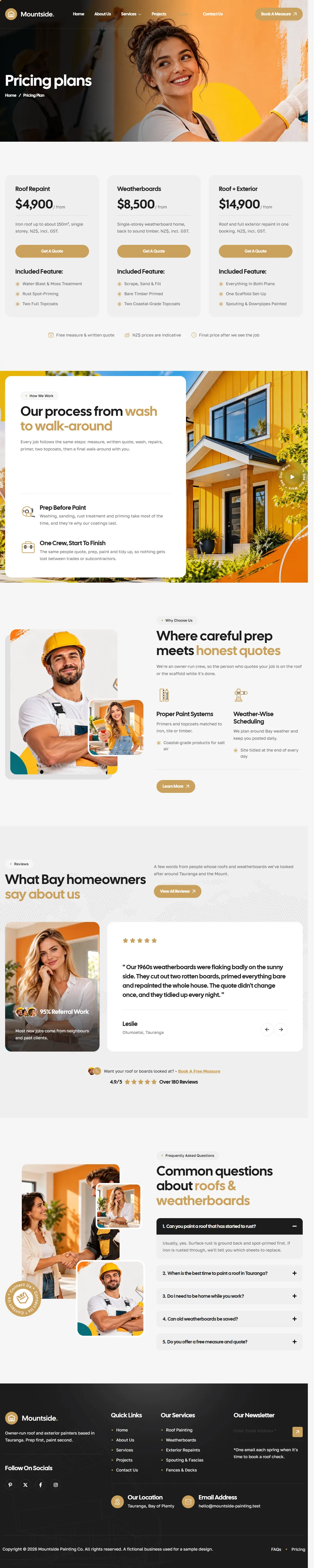 The pricing plan page of the Mountside Painting Co. painting website design
