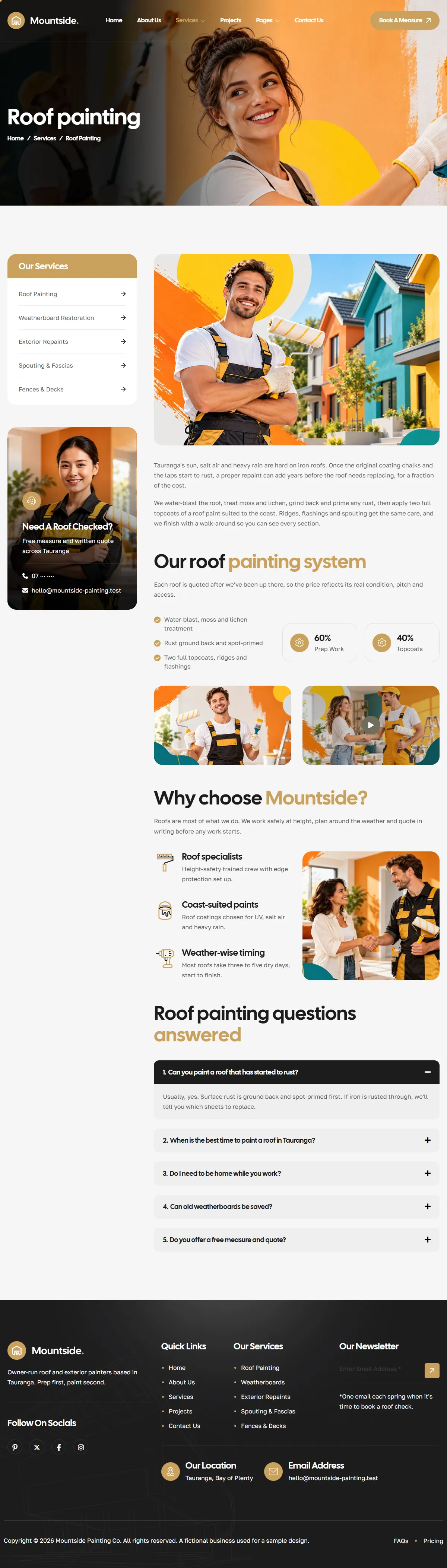The roof painting page of the Mountside Painting Co. painting website design