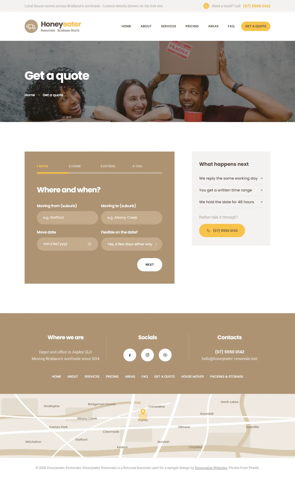 The quote page of the Honeyeater Removals removalists website design