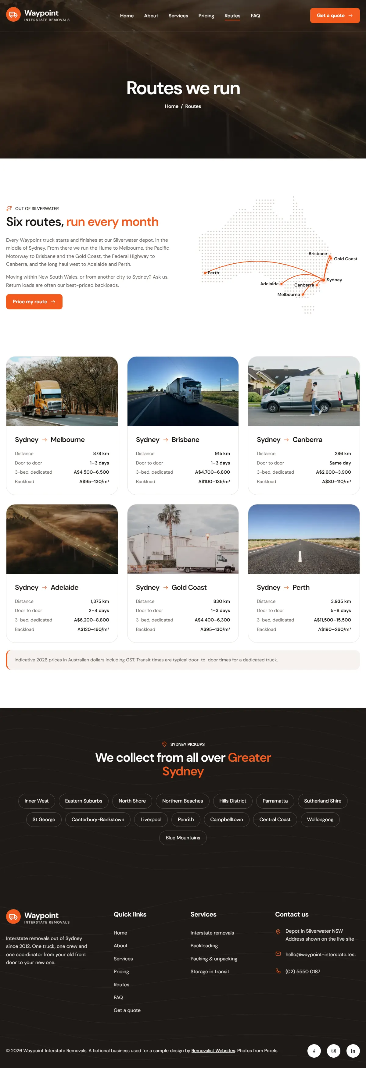 The routes page of the Waypoint Interstate Removals removalists website design