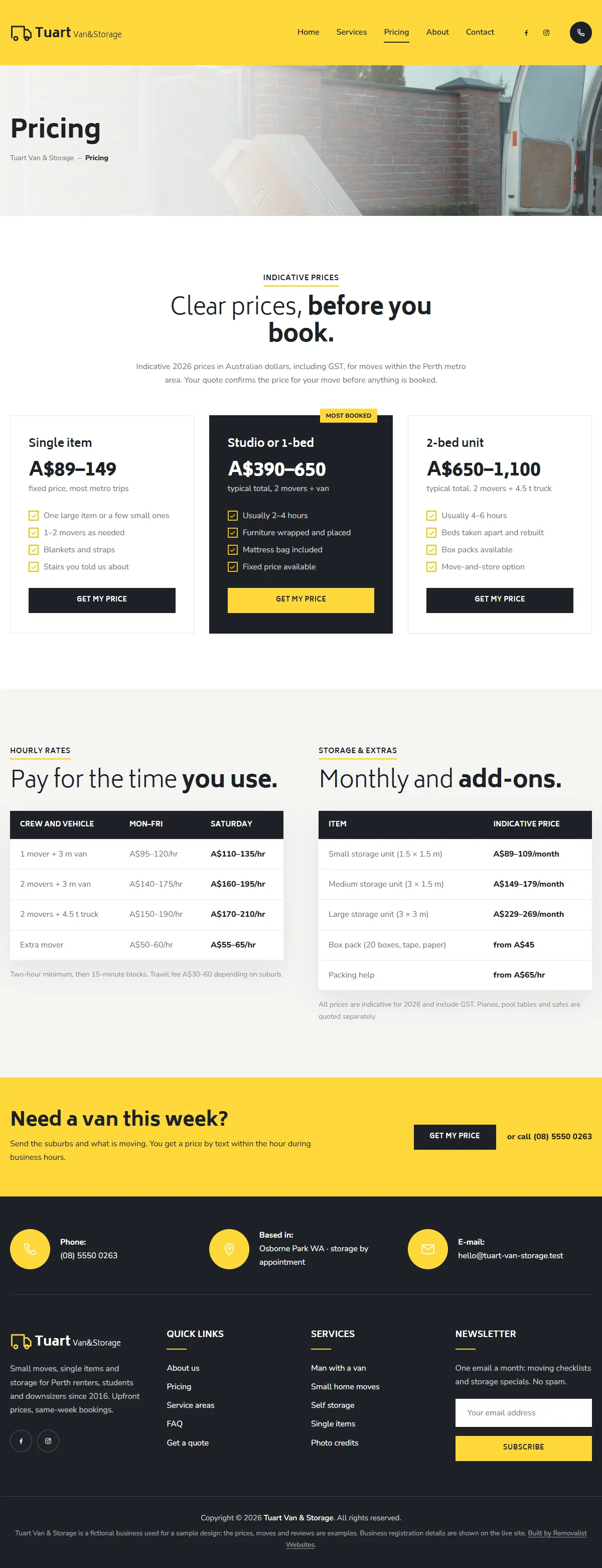 The pricing page of the Tuart Van & Storage removalists website design