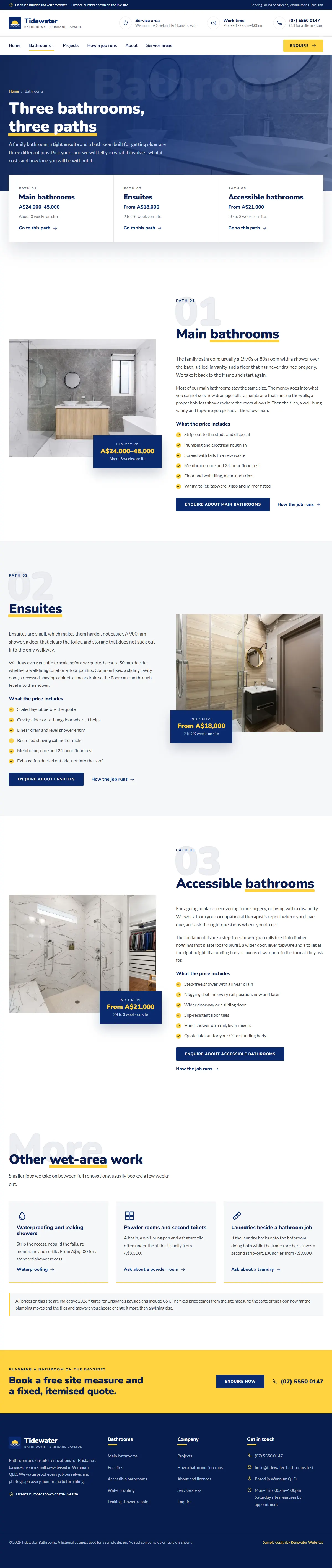 The bathrooms page of the Tidewater Bathrooms renovation website design