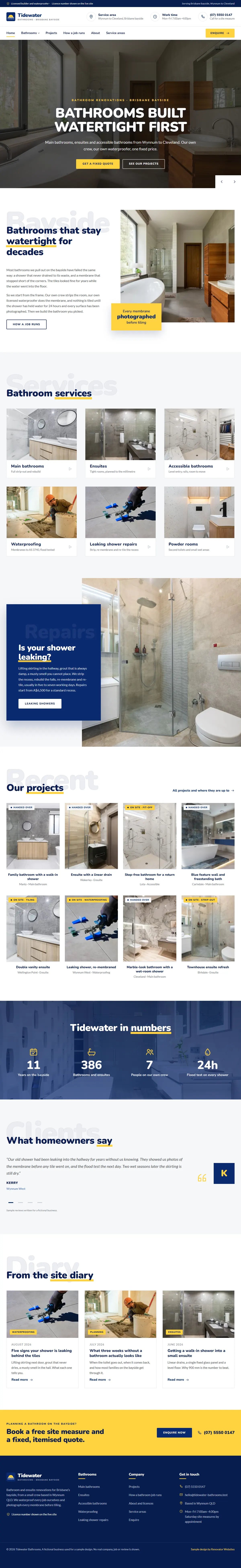 The home page of the Tidewater Bathrooms renovation website design