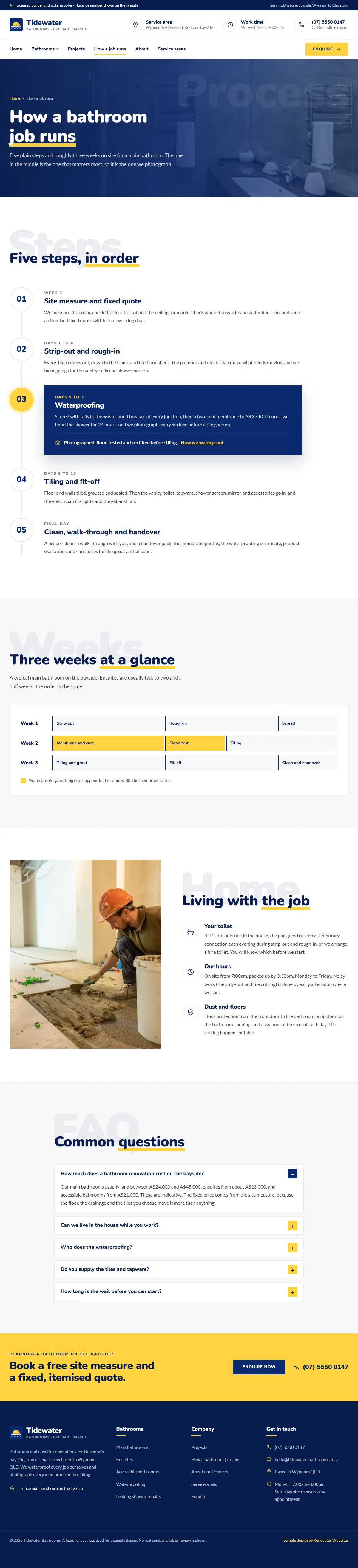 The how a bathroom job runs page of the Tidewater Bathrooms renovation website design