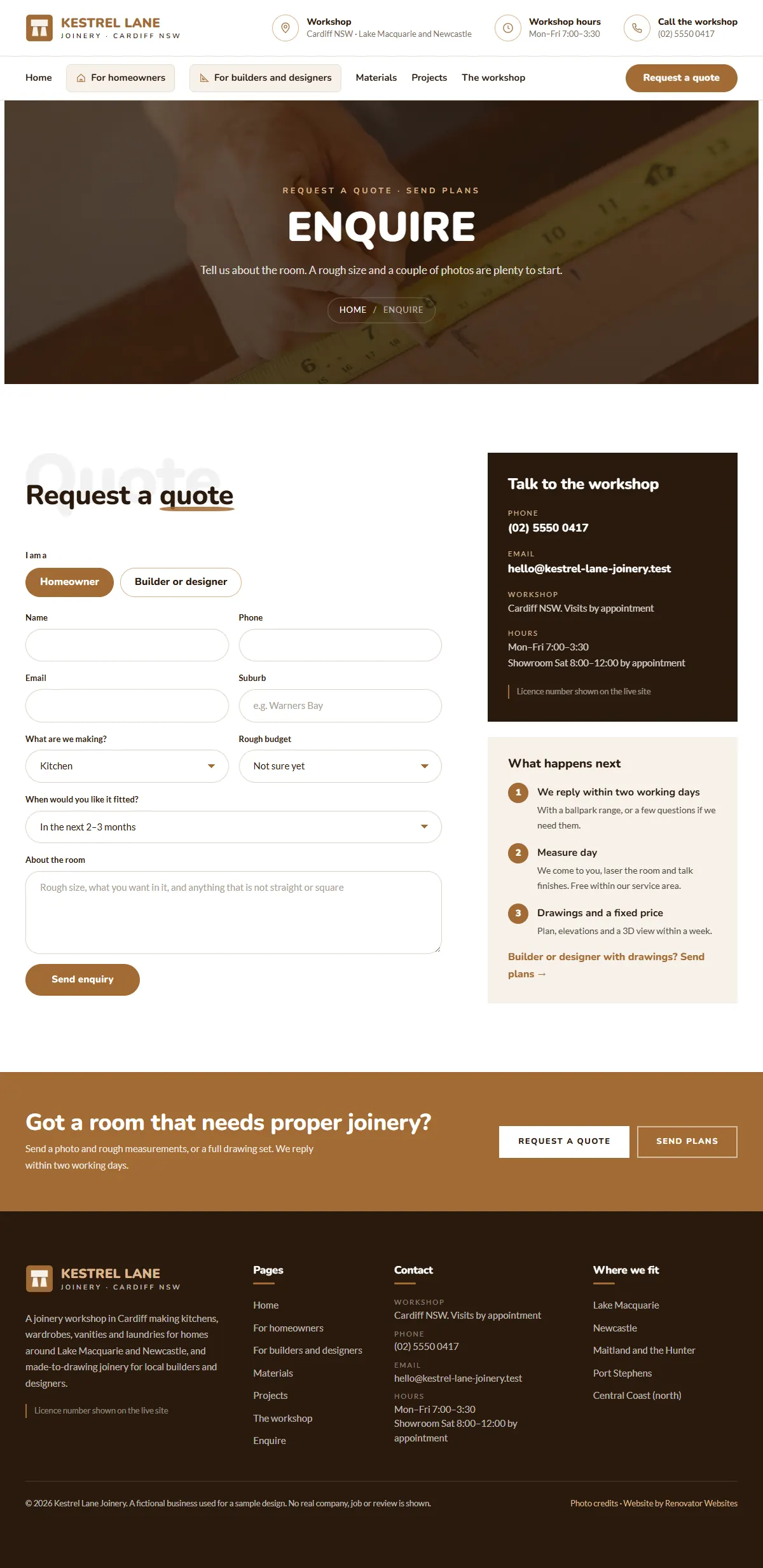 The enquire page of the Kestrel Lane Joinery renovation website design