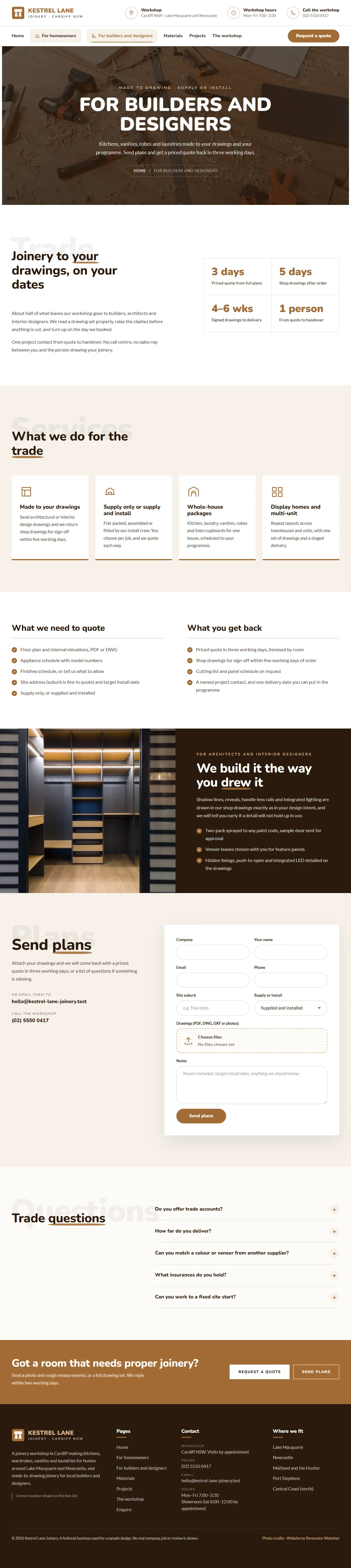 The for builders and designers page of the Kestrel Lane Joinery renovation website design