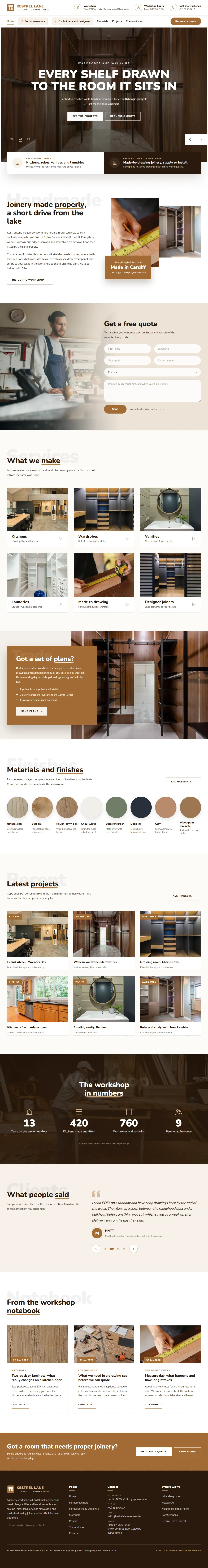 The home page of the Kestrel Lane Joinery renovation website design
