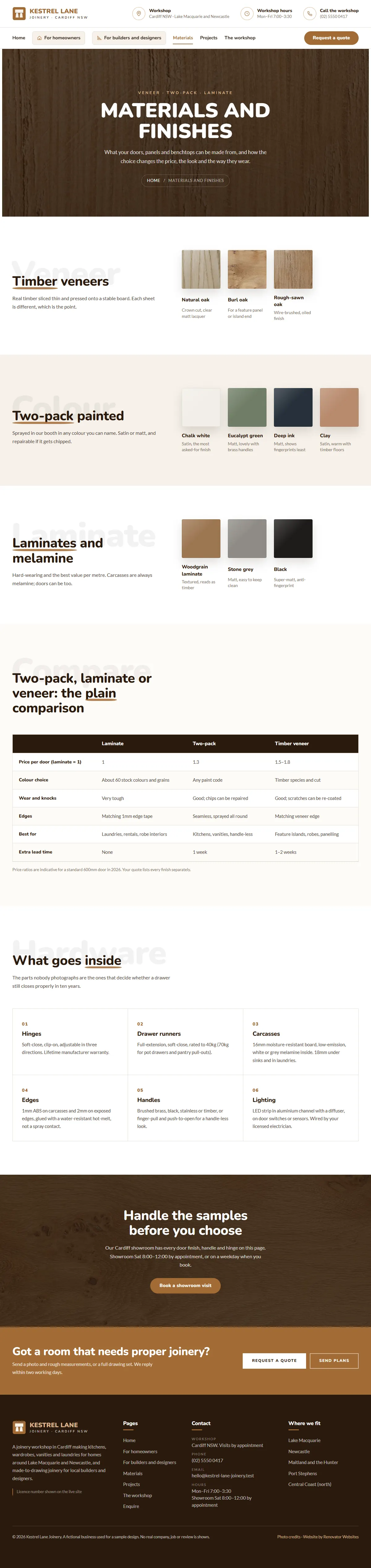 The materials and finishes page of the Kestrel Lane Joinery renovation website design