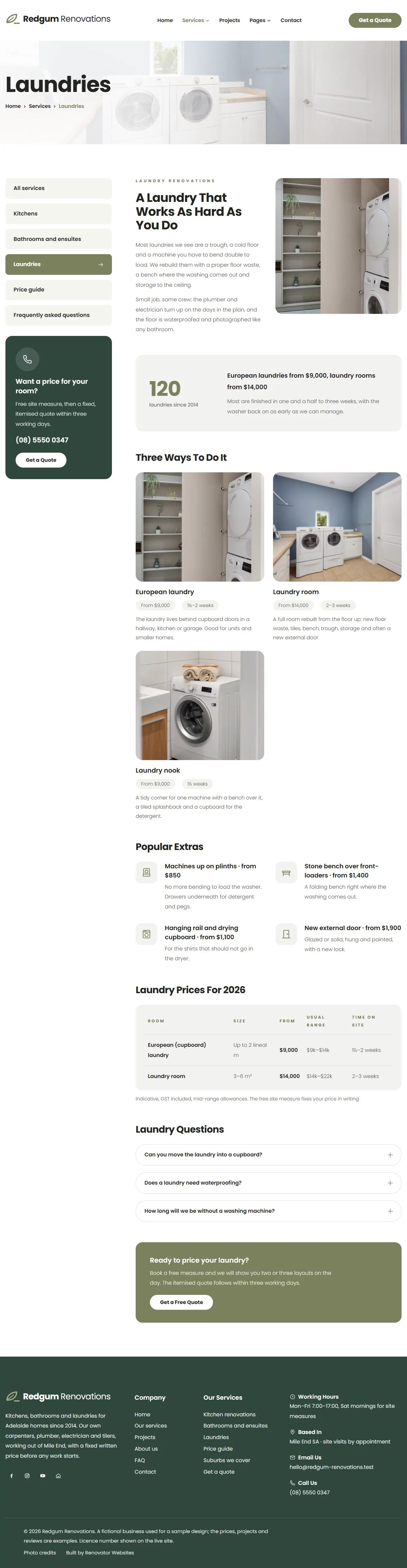 The laundries page of the Redgum Renovations renovation website design