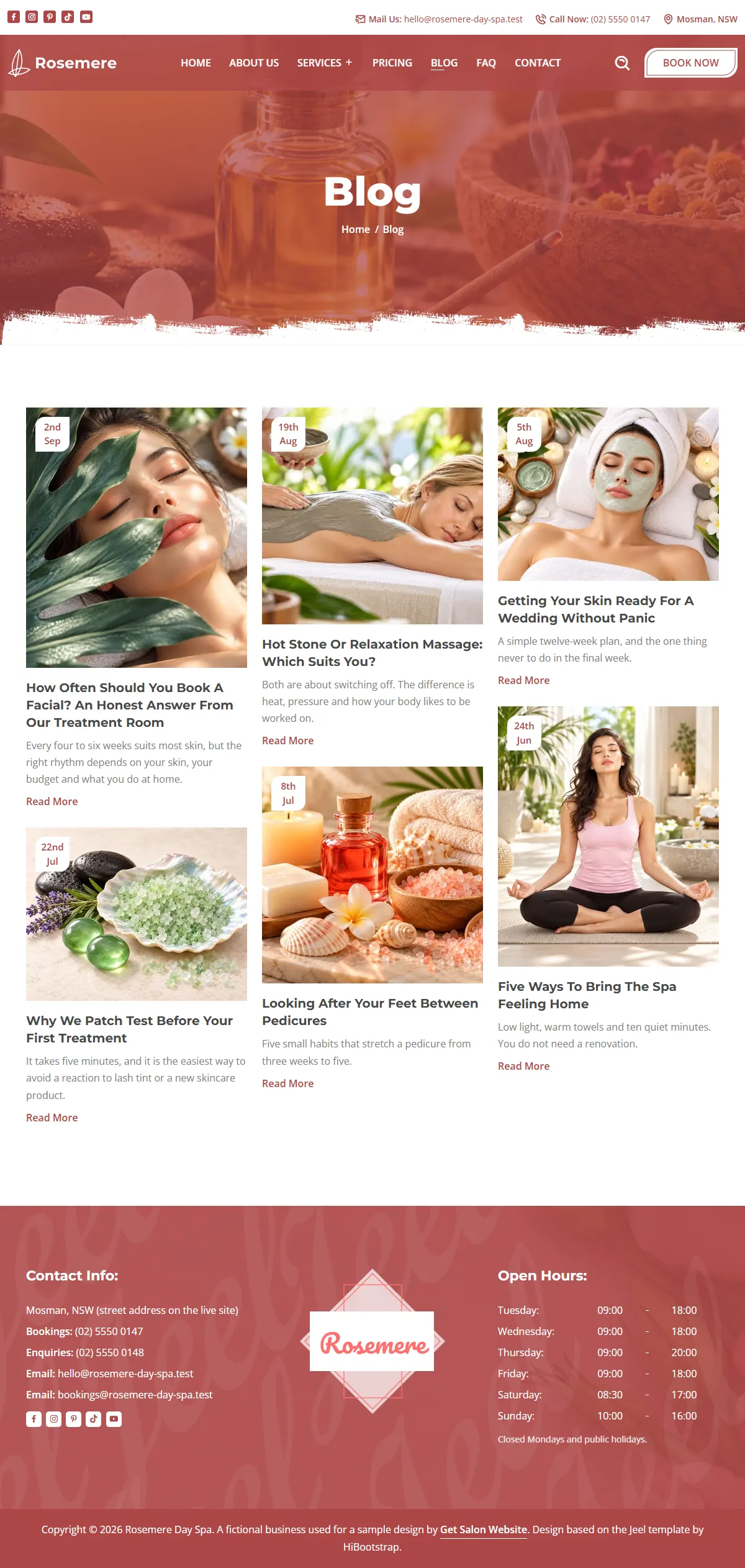 The blog page of the Rosemere Day Spa salons & spas website design
