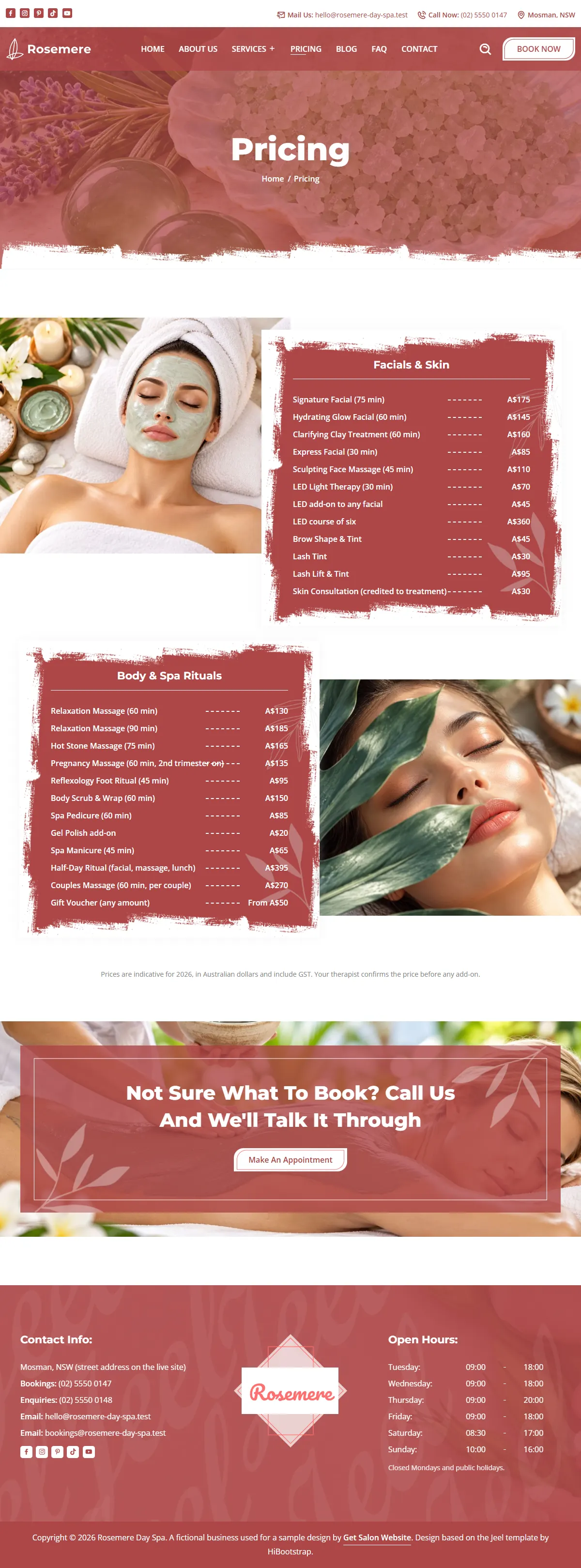 The pricing page of the Rosemere Day Spa salons & spas website design