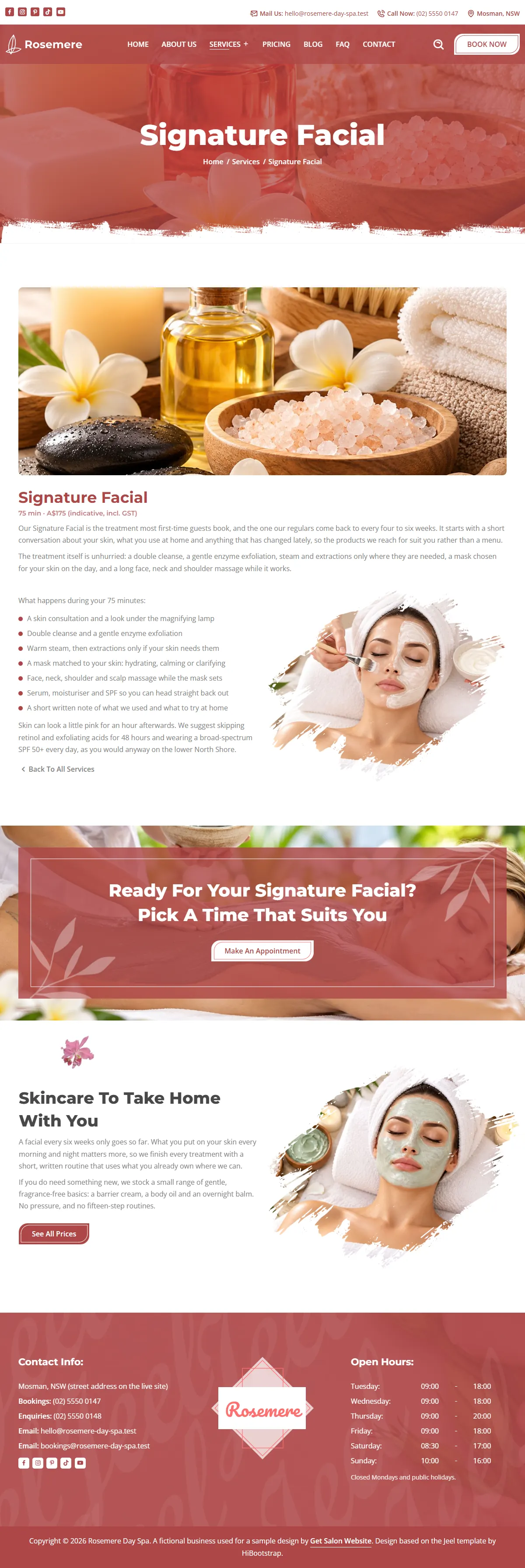 The signature facial page of the Rosemere Day Spa salons & spas website design