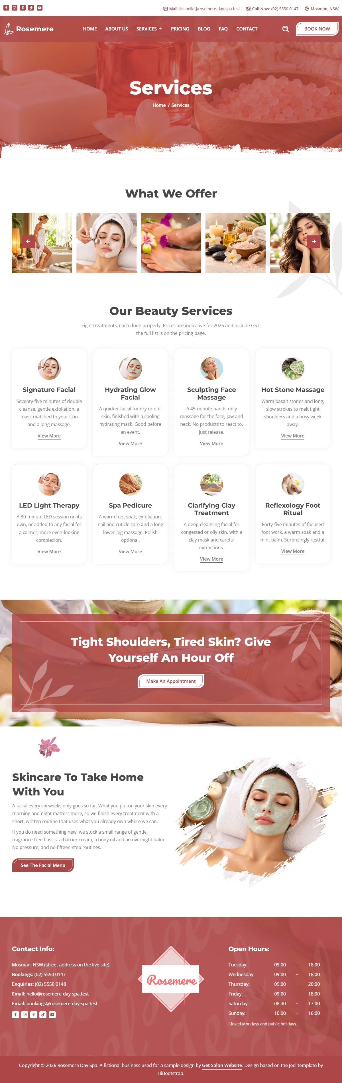 The services page of the Rosemere Day Spa salons & spas website design