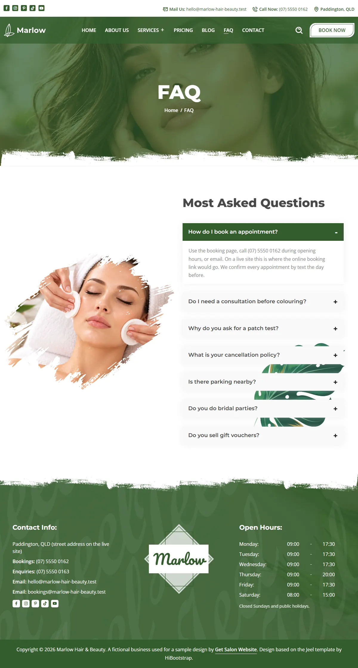 The faq page of the Marlow Hair & Beauty salons & spas website design
