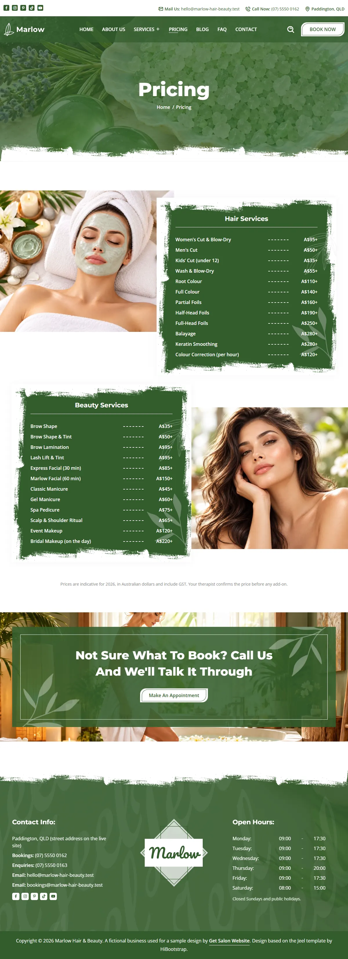 The pricing page of the Marlow Hair & Beauty salons & spas website design