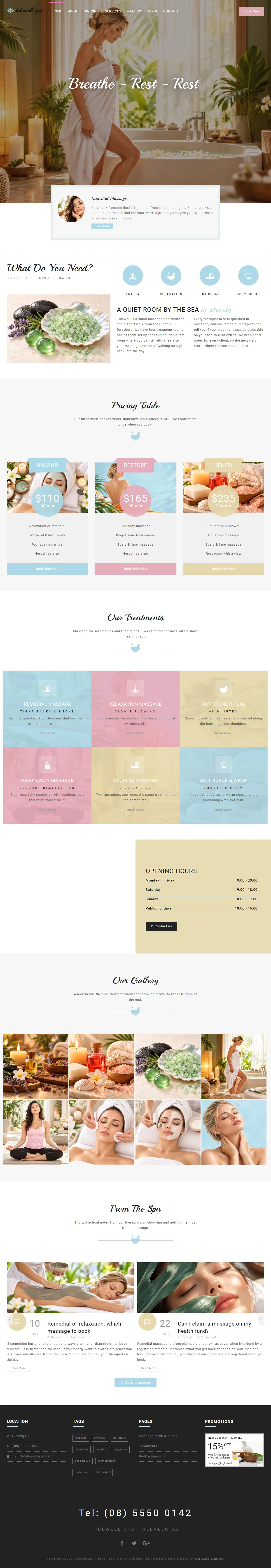 The home page of the Tidewell Spa salons & spas website design