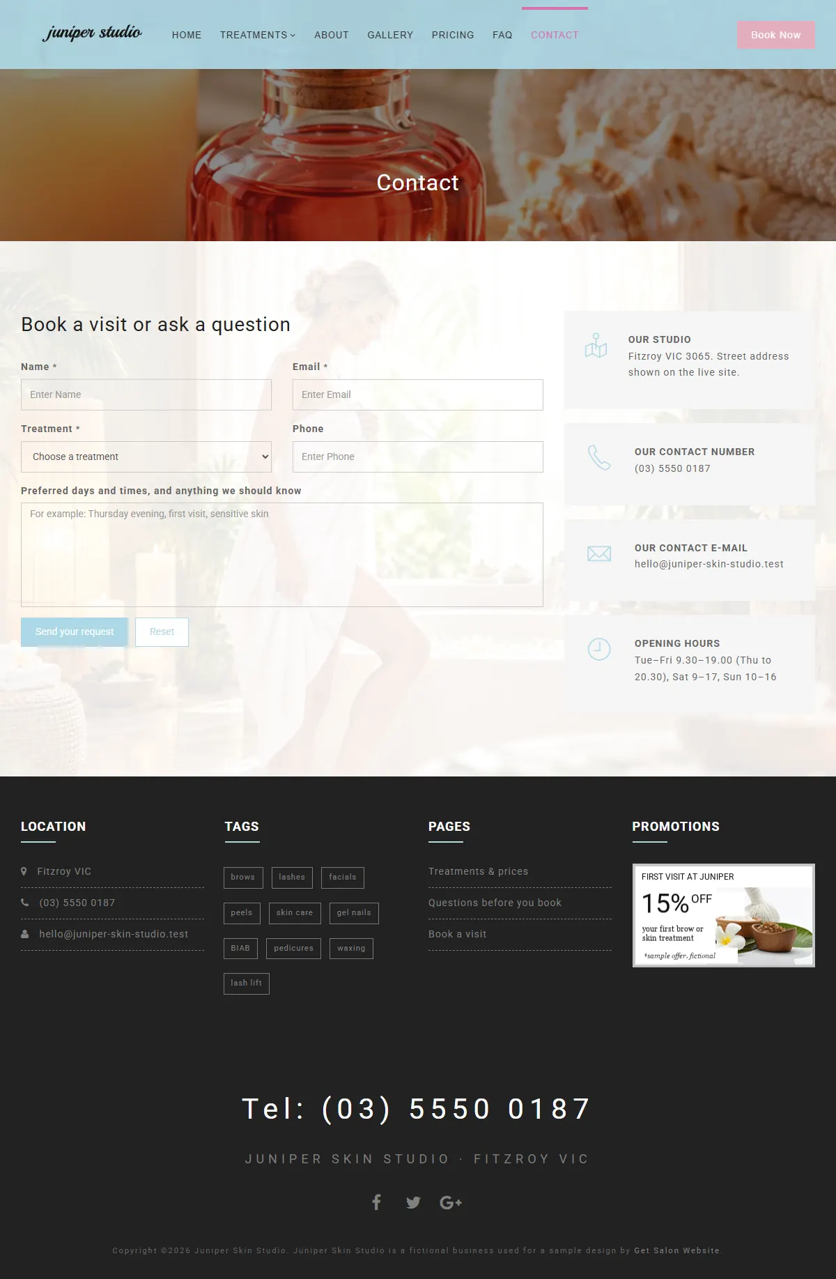 The contact page of the Juniper Skin Studio salons & spas website design