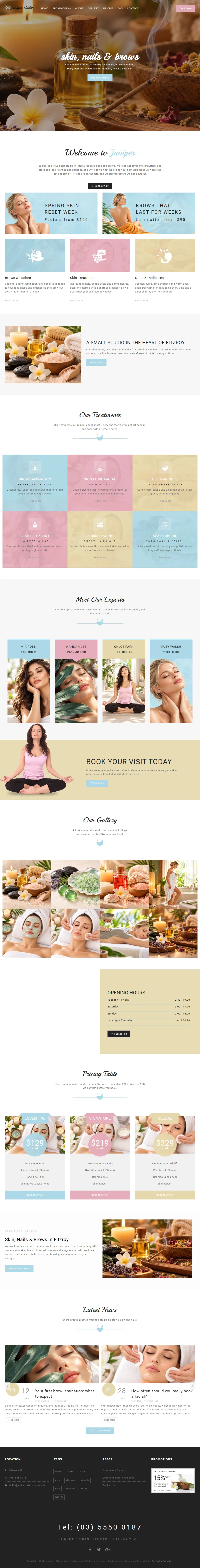 The home page of the Juniper Skin Studio salons & spas website design