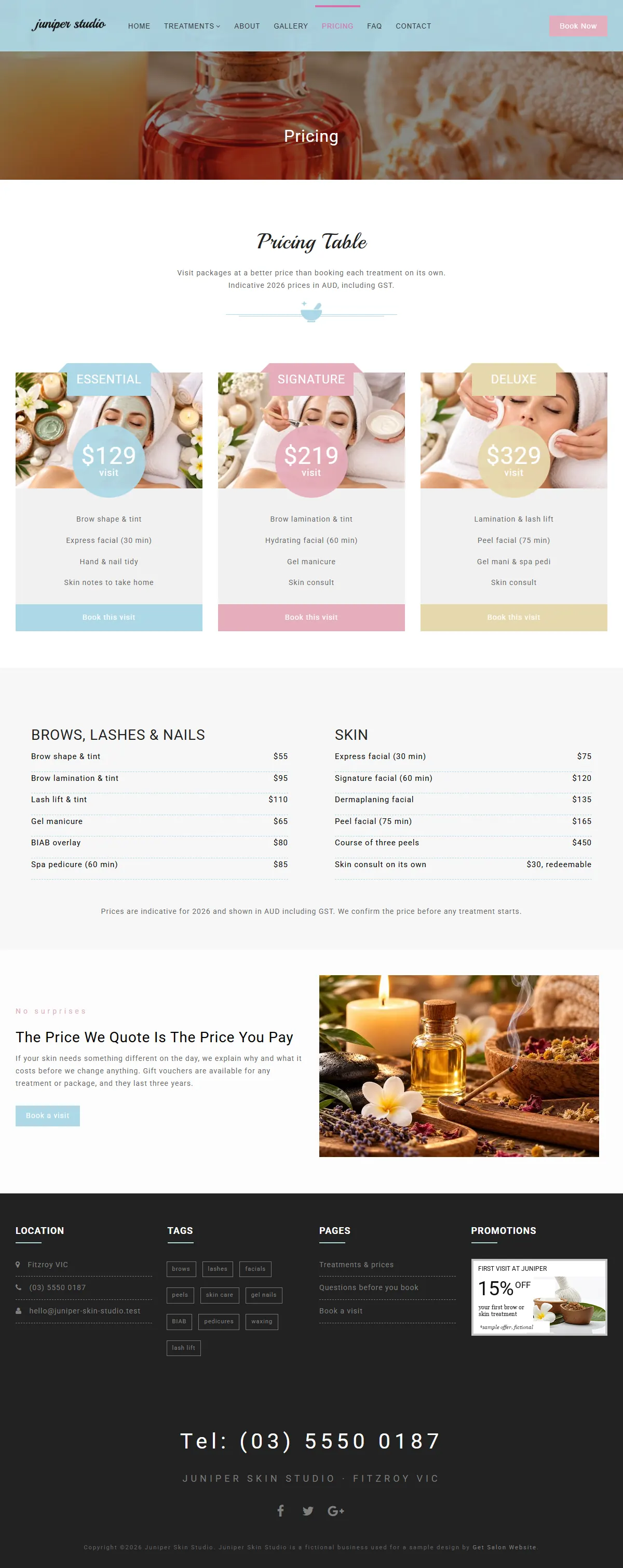 The pricing page of the Juniper Skin Studio salons & spas website design