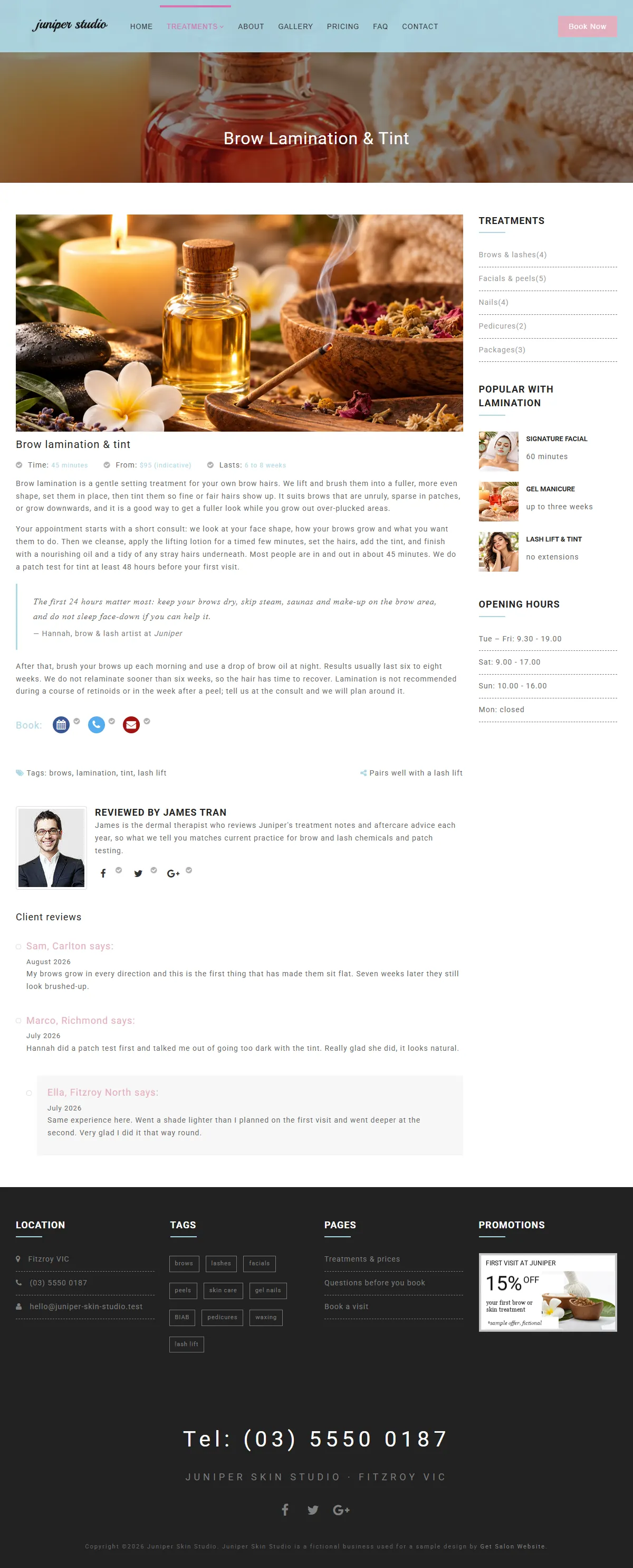 The brow lamination page of the Juniper Skin Studio salons & spas website design