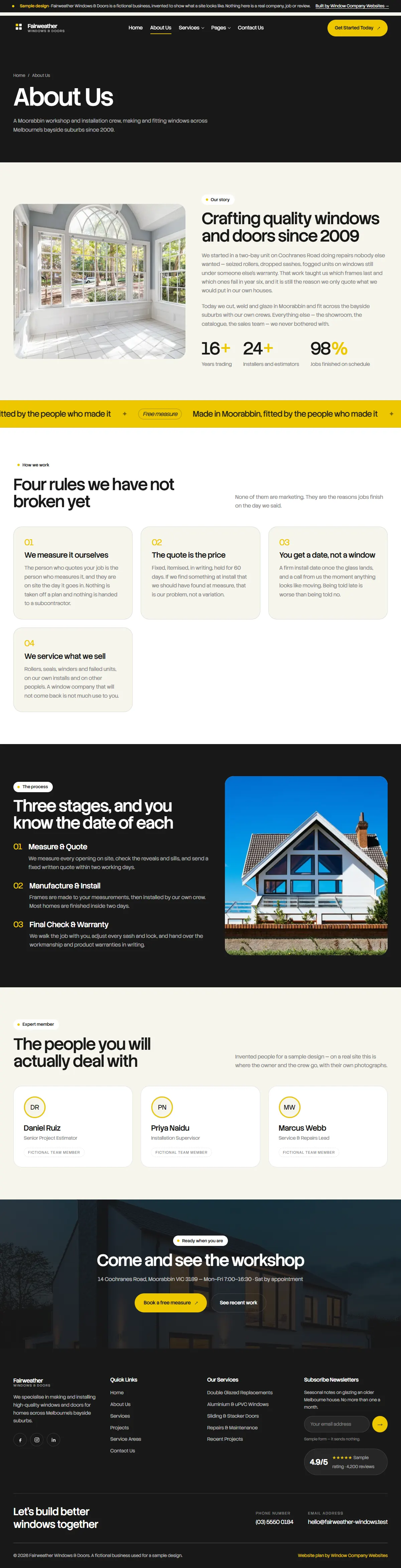 The about page of the Fairweather Windows & Doors windows & doors website design