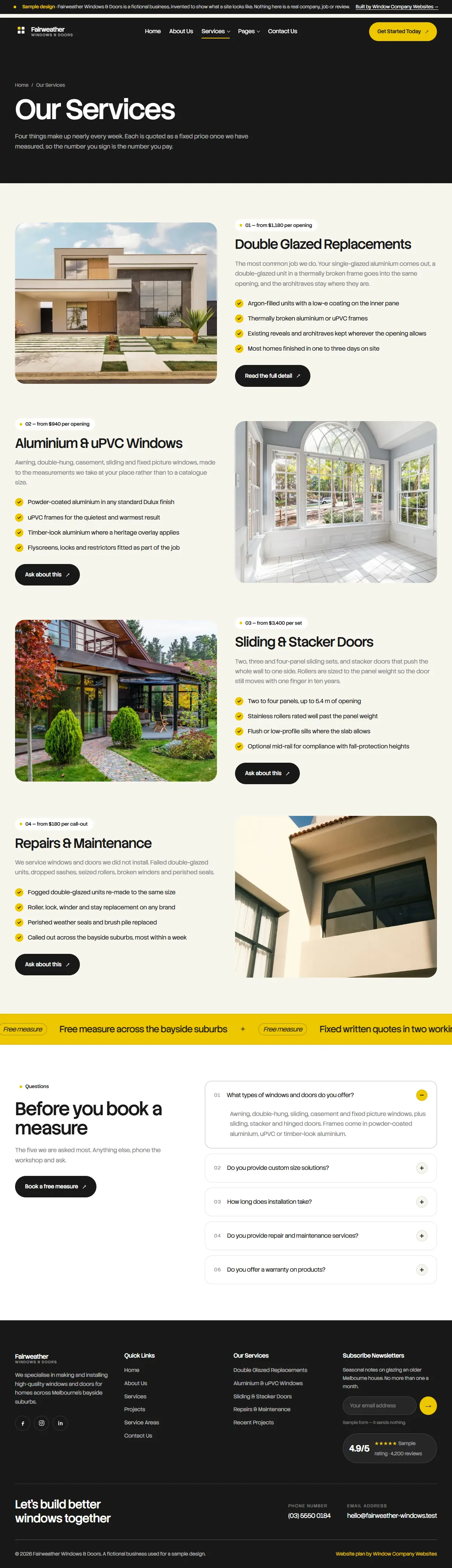 The services page of the Fairweather Windows & Doors windows & doors website design
