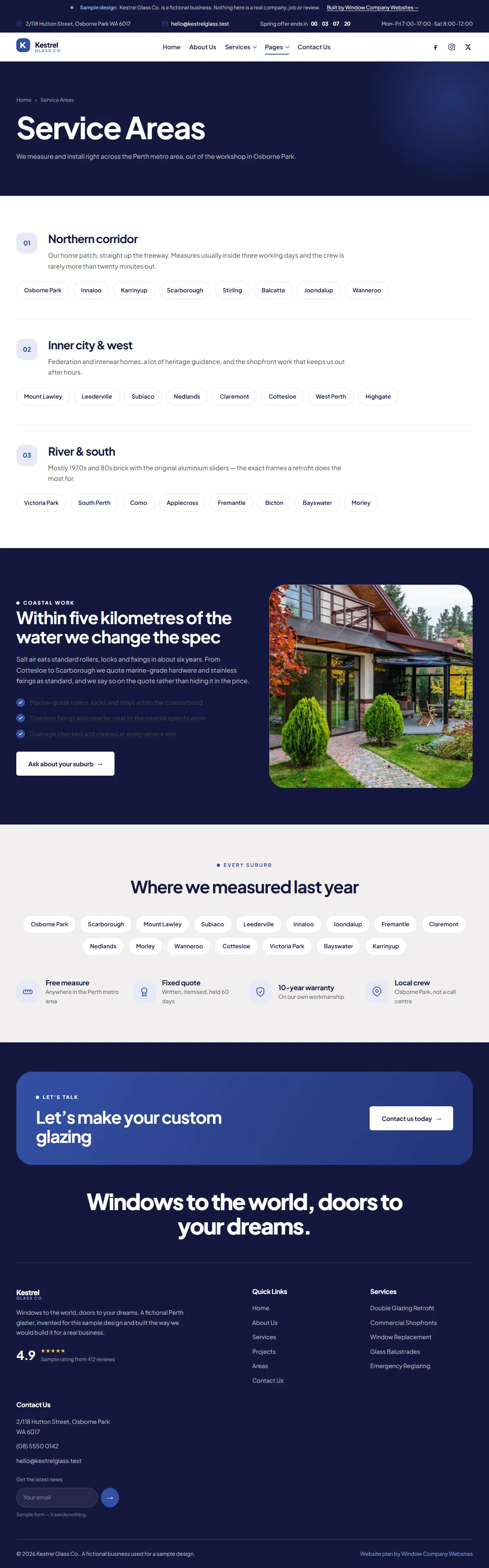 The service areas page of the Kestrel Glass Co. windows & doors website design