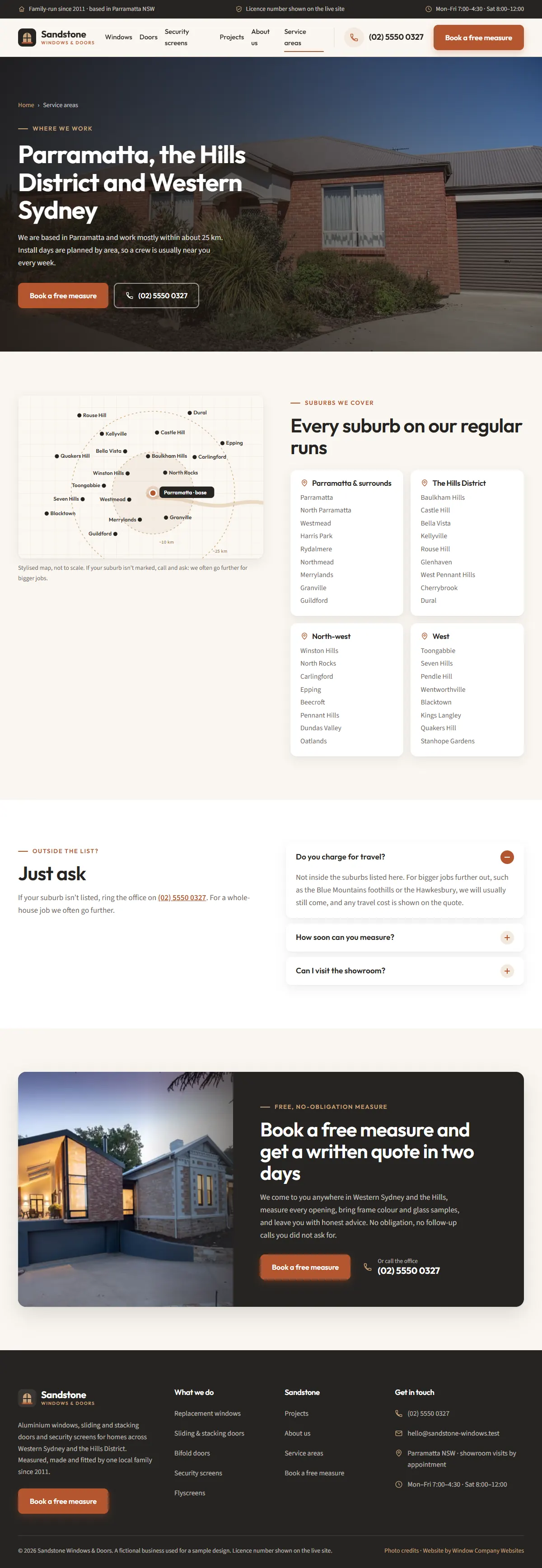The service areas page of the Sandstone Windows & Doors windows & doors website design