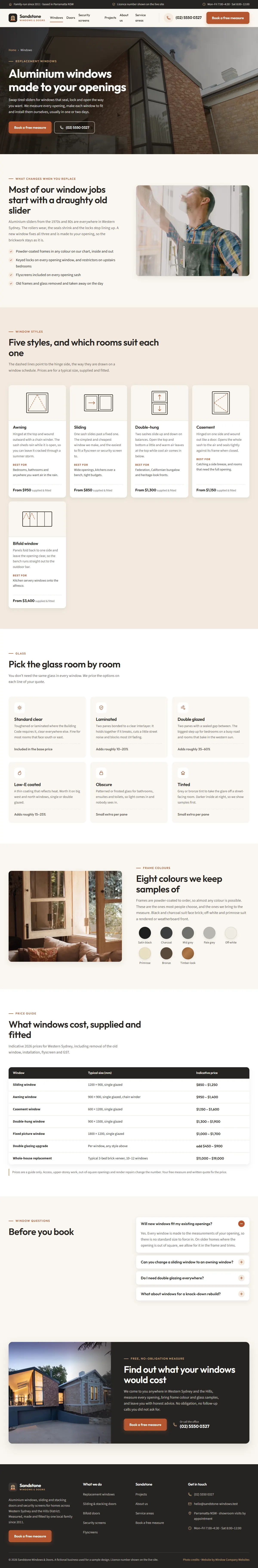 The windows page of the Sandstone Windows & Doors windows & doors website design