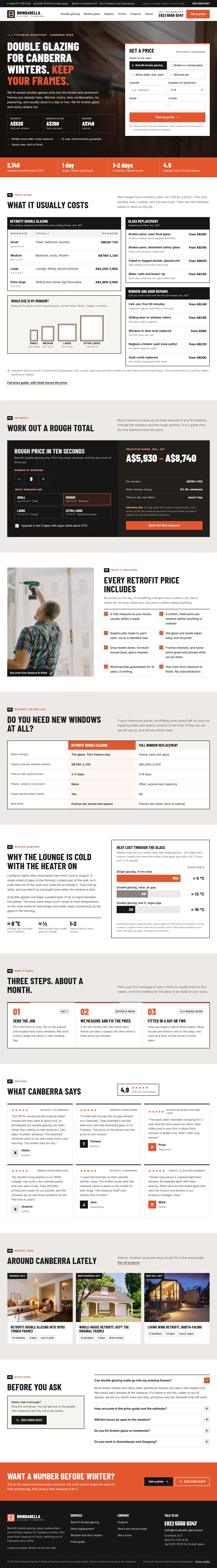 The home page of the Brindabella Glazing windows & doors website design